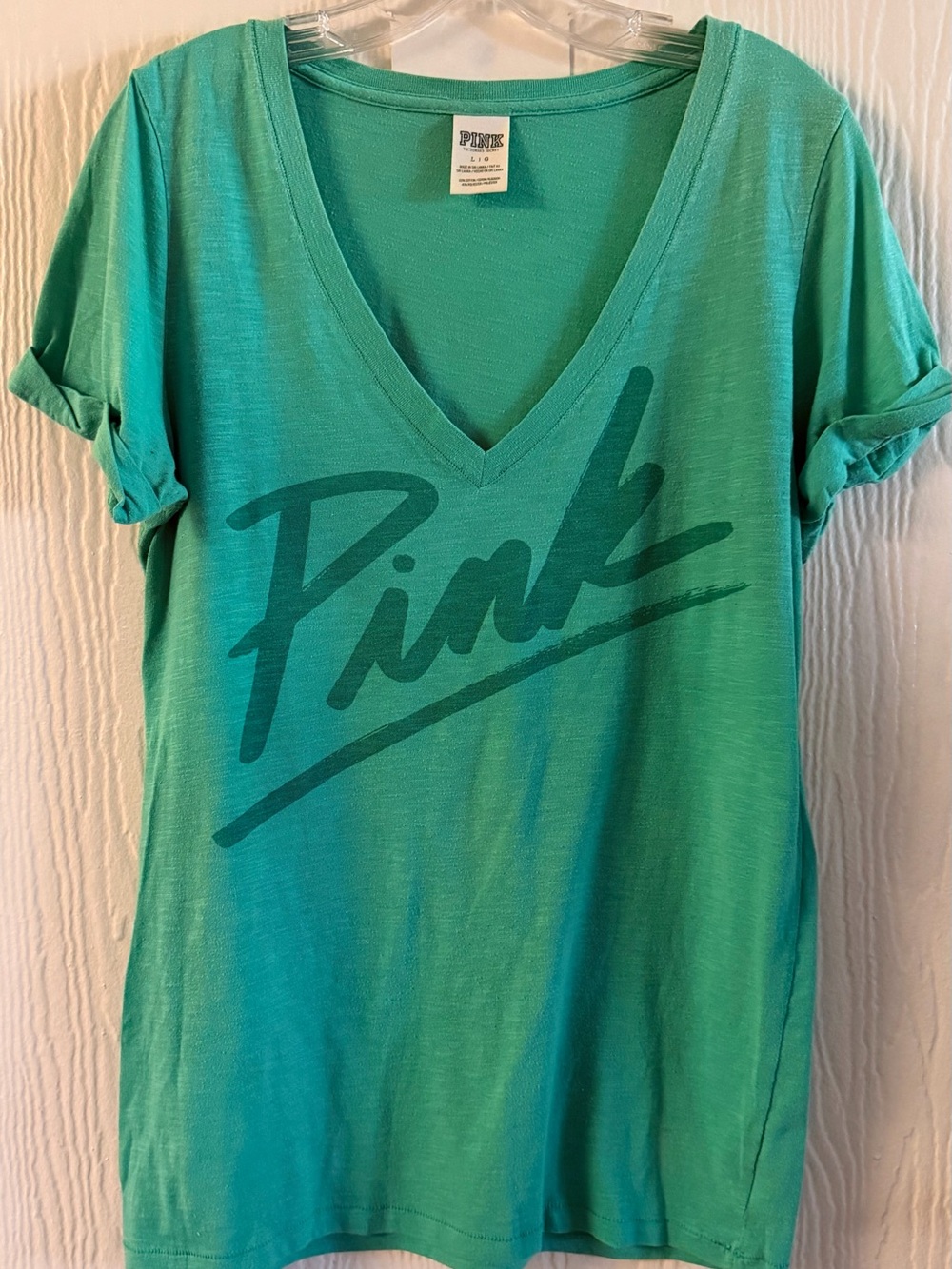 PINK Victoria's Secret Teal Green V‑Neck Logo Tee